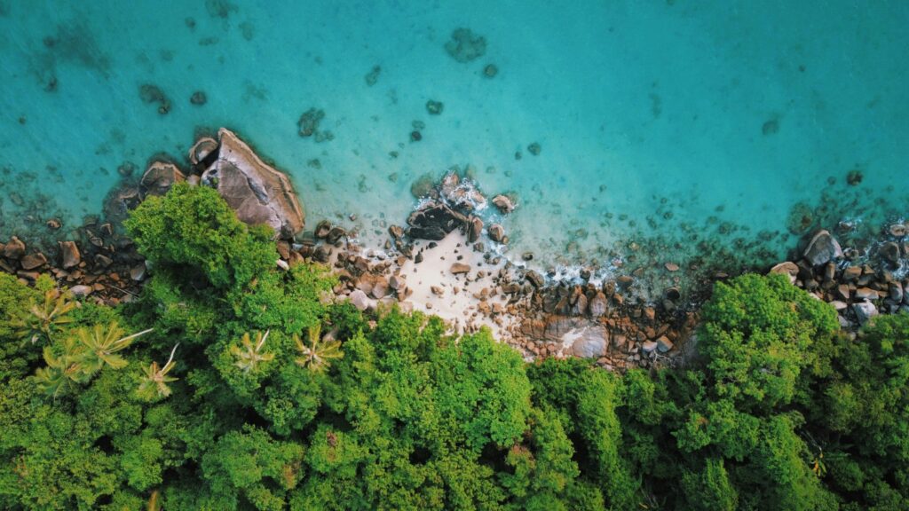 Aerial view of Perhentian Islands Malaysia with turquoise sea, white sandy beach, and lush tropical forest