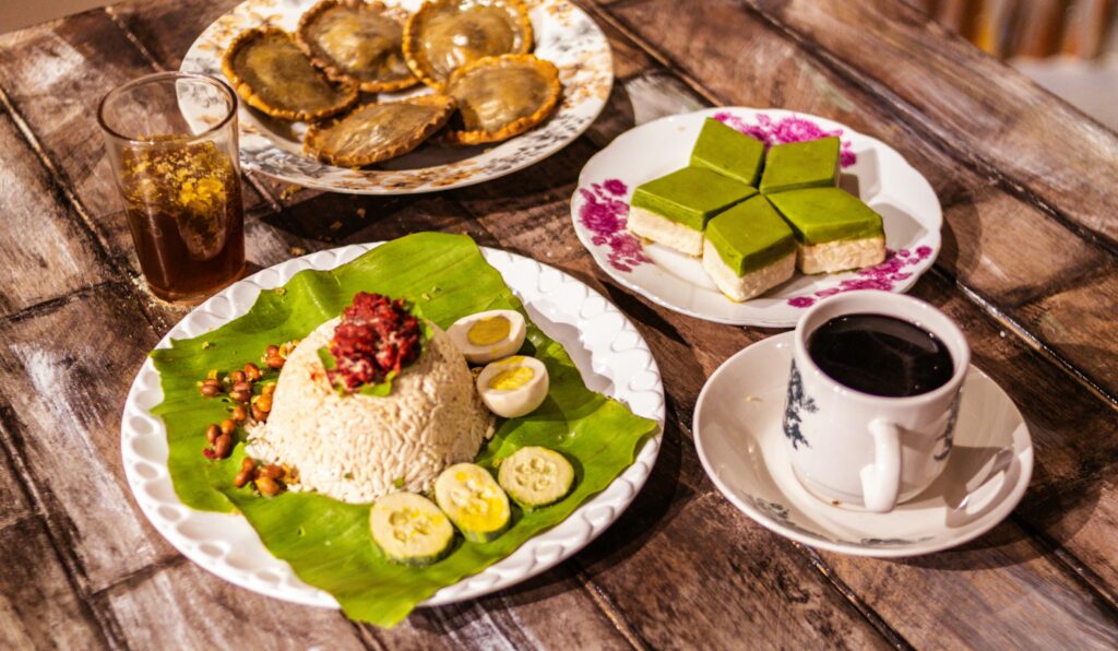 Traditional Malaysian dish Nasi Lemak with rice, sambal, and anchovies